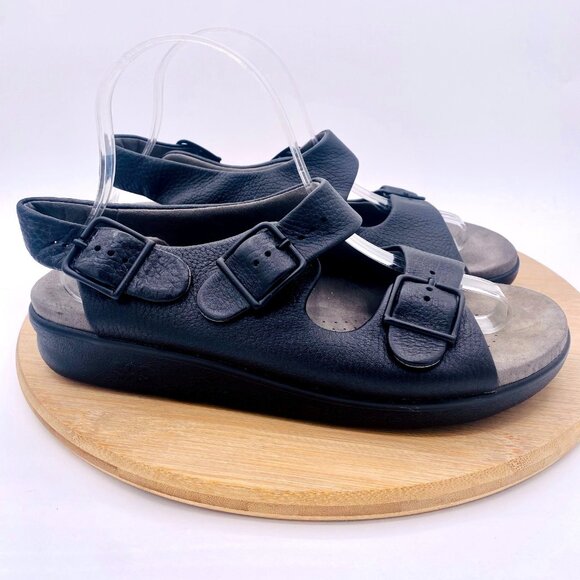 SAS Sandals Mens 12 Black Leather Slingback Double Strap Peep - Picture 1 of 11